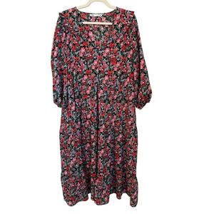 ZARA XL Floral Midi Dress Flounce Hem Semi Sheer Ruffle Shoulder Cottagecore